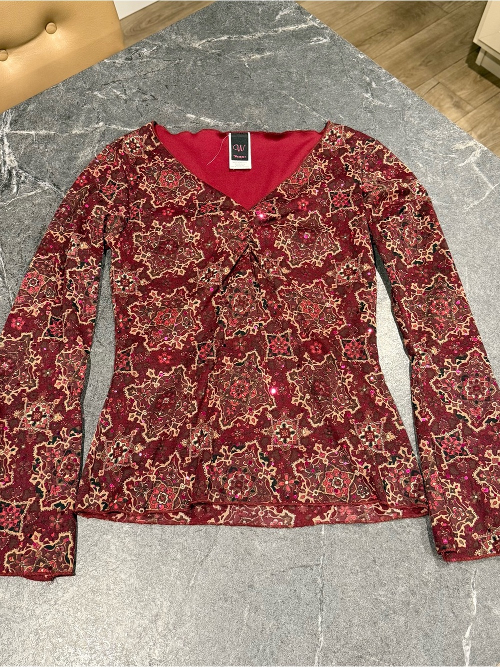 Y2K Vintage size medium blouse top lace red burgundy sequin 90s - Picture 2 of 6